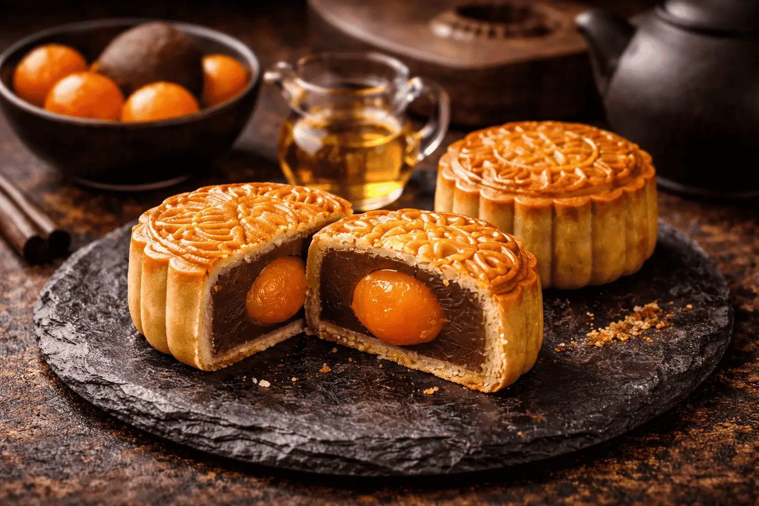 Traditionella kinesiska mooncakes med lotusfröpasta och salted egg yolk