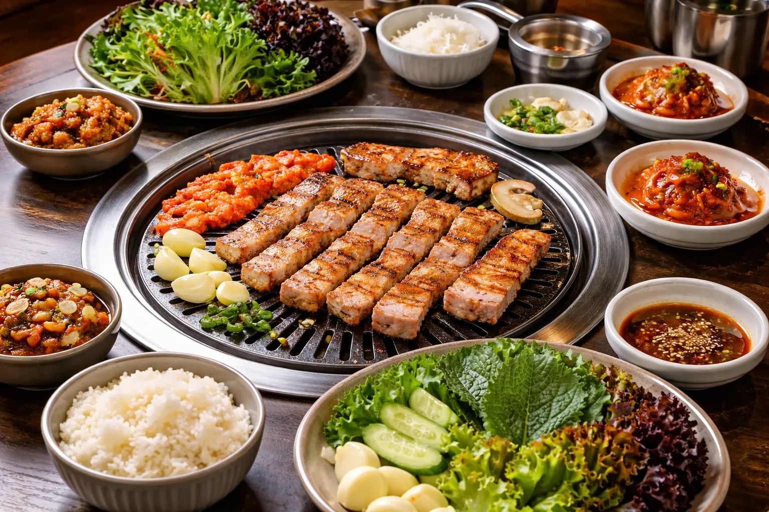 Traditionell koreansk samgyeopsal grillad fläsksida