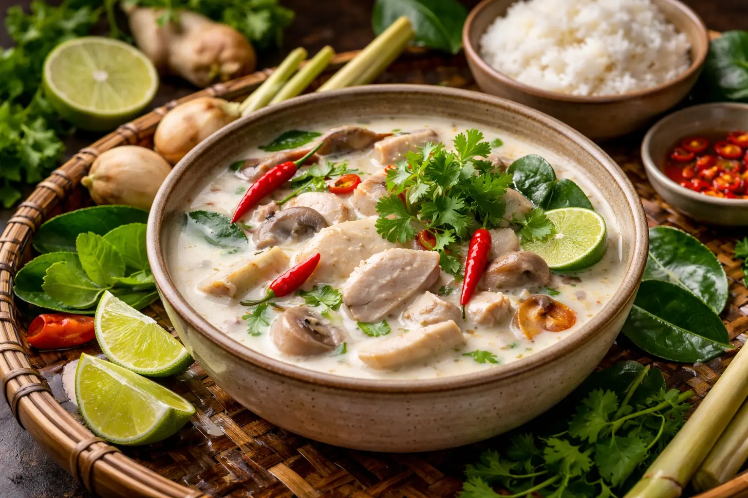 Äkta thailändsk Tom Kha Gai - krämig kokossoppa med kyckling, galangal och citrongräs