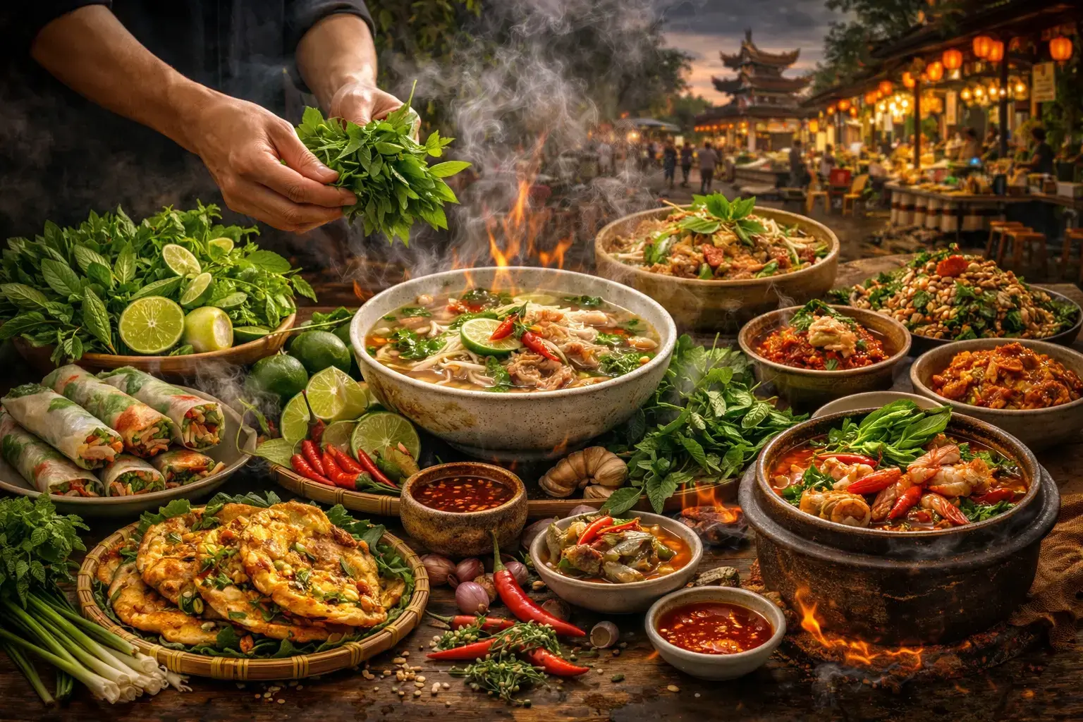 Vietnamesisk restaurang med färska örter och aromatiska rätter